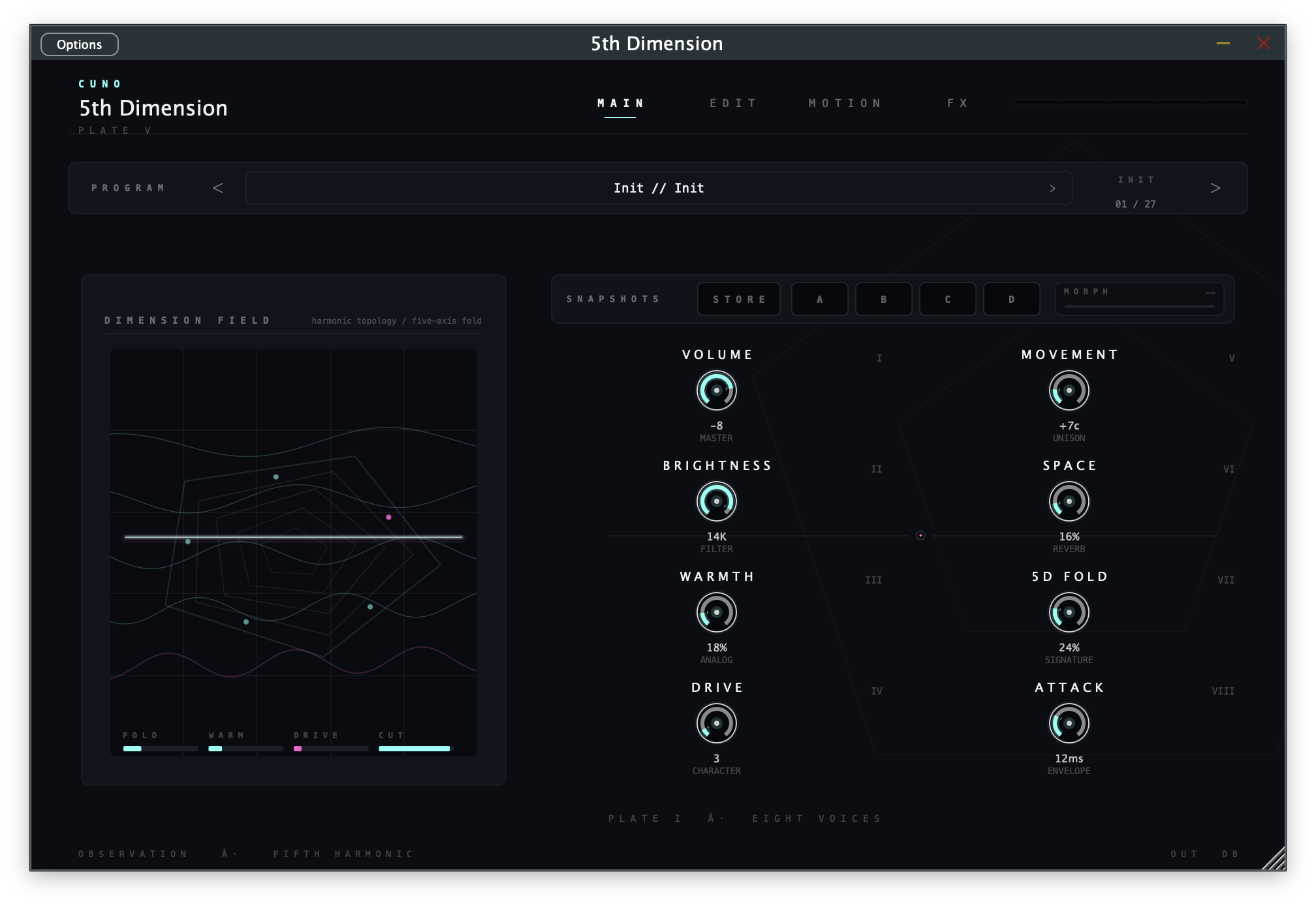 5th Dimension plugin interface with Dimension Field, preset bar, snapshots, and macro controls.