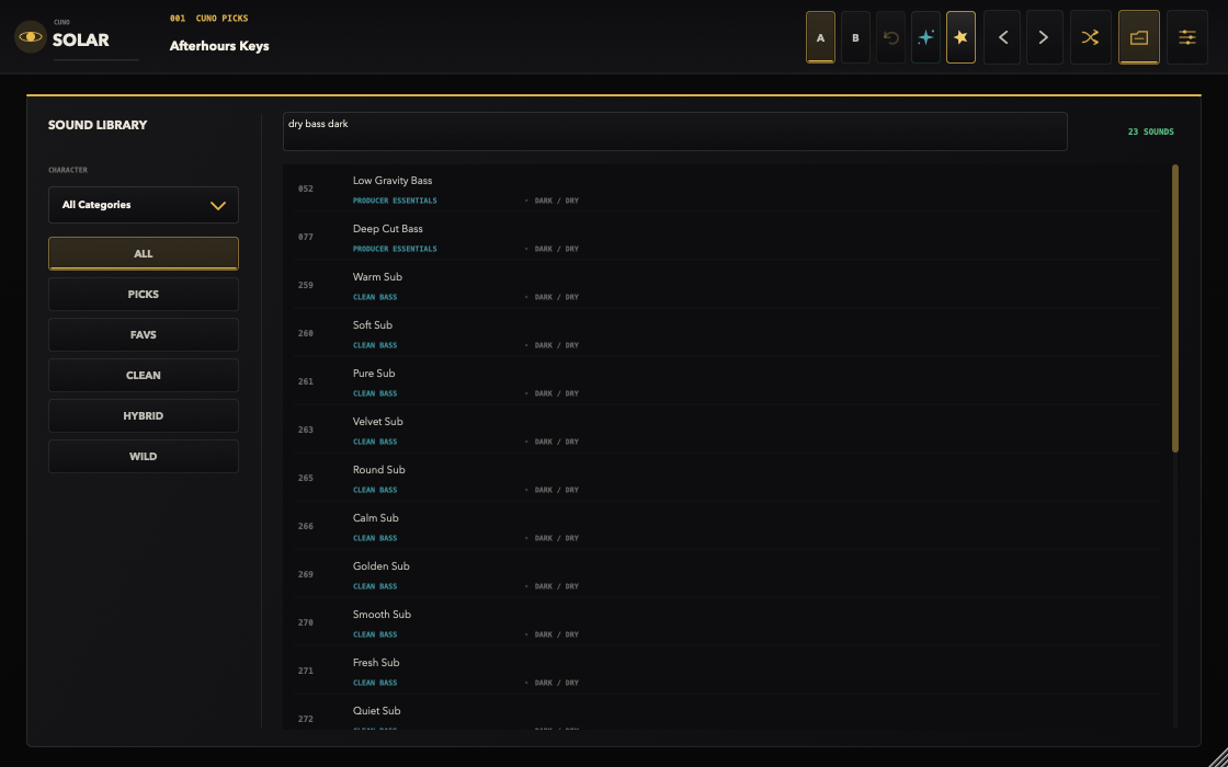 SOLAR full-screen Sound Library filtered by a dark dry bass search, with intent scopes and contemporary sound rows.